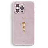 a pink iphone case with a gold syringe on it