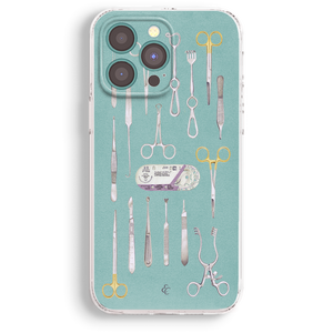 a phone case with a bunch of surgical instruments on it