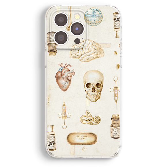 a phone case with a picture of a human heart and other items