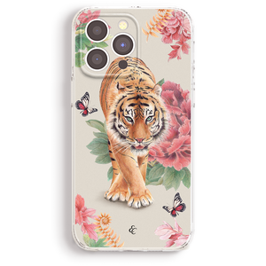 a phone case with a tiger and flowers on it