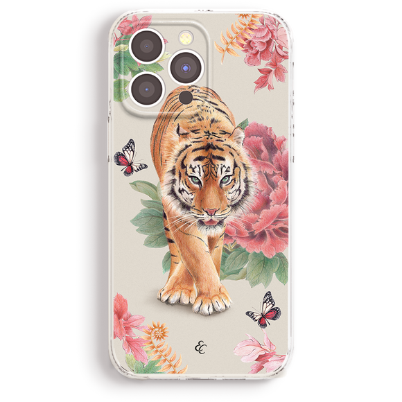 a phone case with a tiger and flowers on it