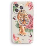 a phone case with a tiger and flowers on it
