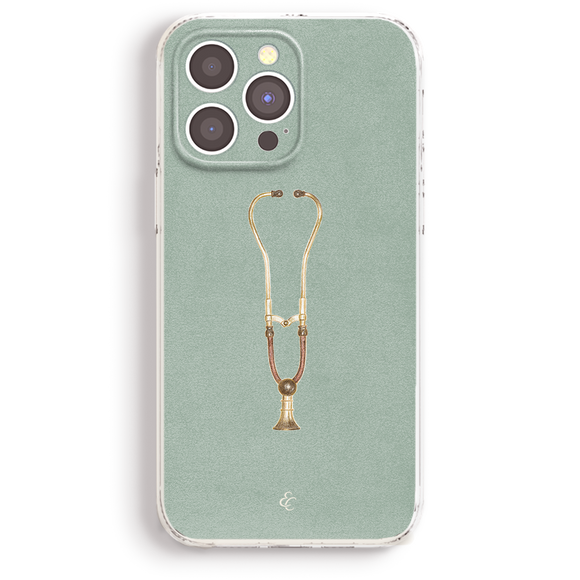 an iphone case with a gold necklace on it
