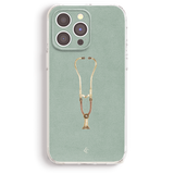 an iphone case with a gold necklace on it