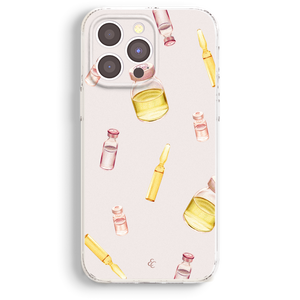 a phone case with a pattern of bottles and lipstick