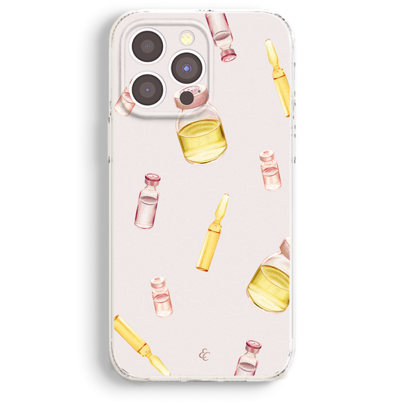a phone case with a pattern of bottles and lipstick