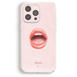 a pink phone case with a picture of a woman's mouth