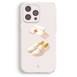 a phone case with a pair of shoes and a hat on it