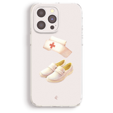 a phone case with a pair of shoes and a hat on it