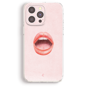 a pink phone case with an open mouth