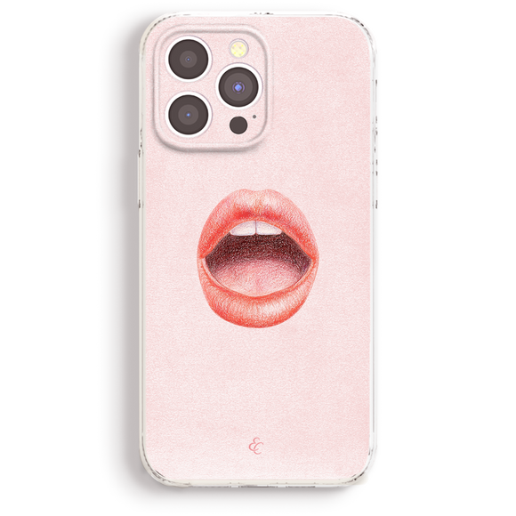 a pink phone case with an open mouth