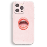 a pink phone case with an open mouth