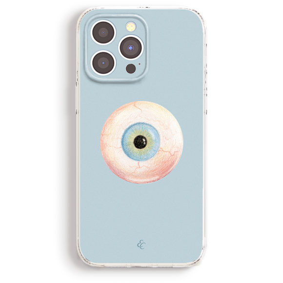 a phone case with a picture of an eyeball on it