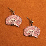 Front view of pink anatomical brain earrings