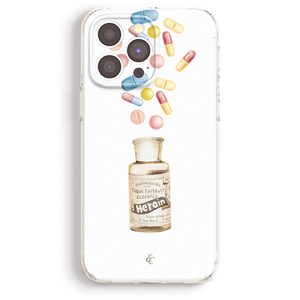 a phone case with a bottle of pills on it